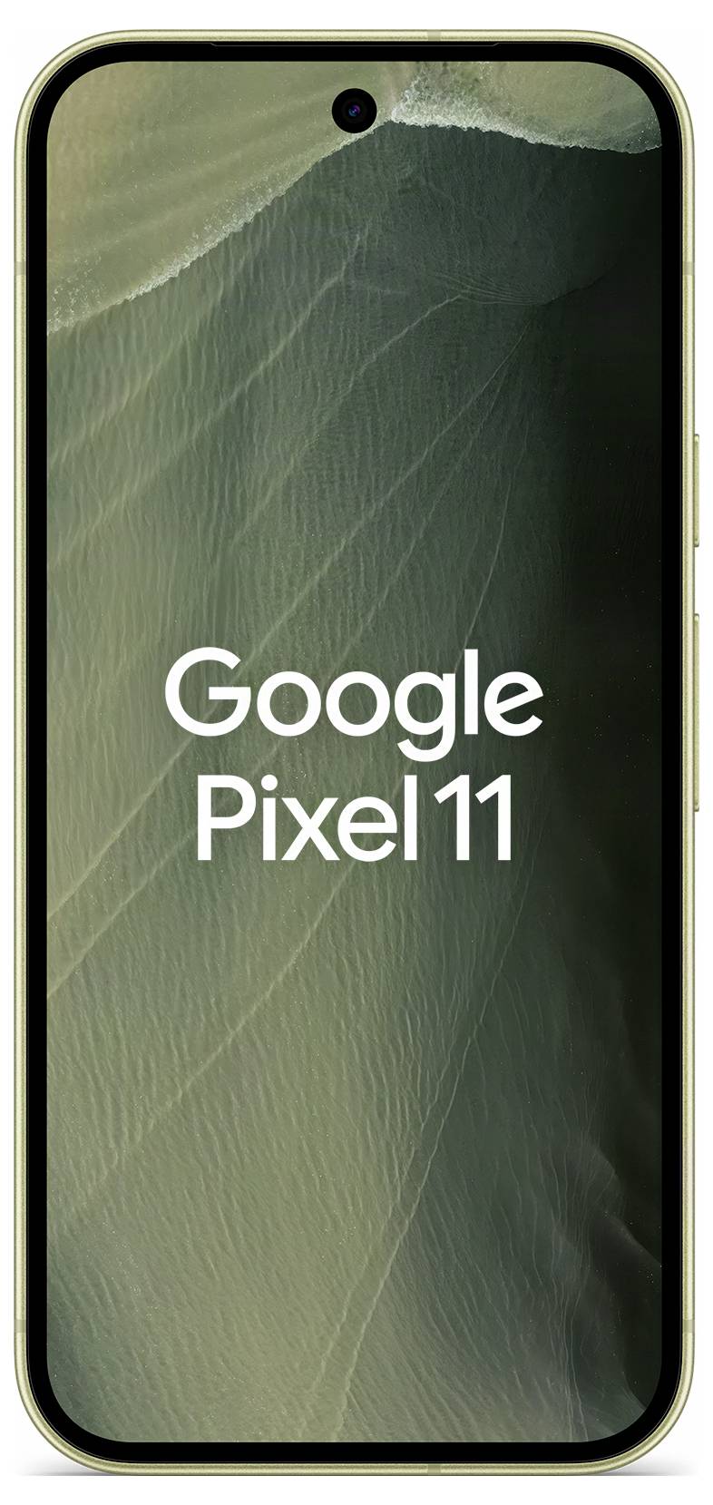 Frontansicht eines Google Pixel 11 Smartphones mit zentraler Lochkamera und grünem abstraktem Hintergrund, mit dem Text „Google Pixel 11