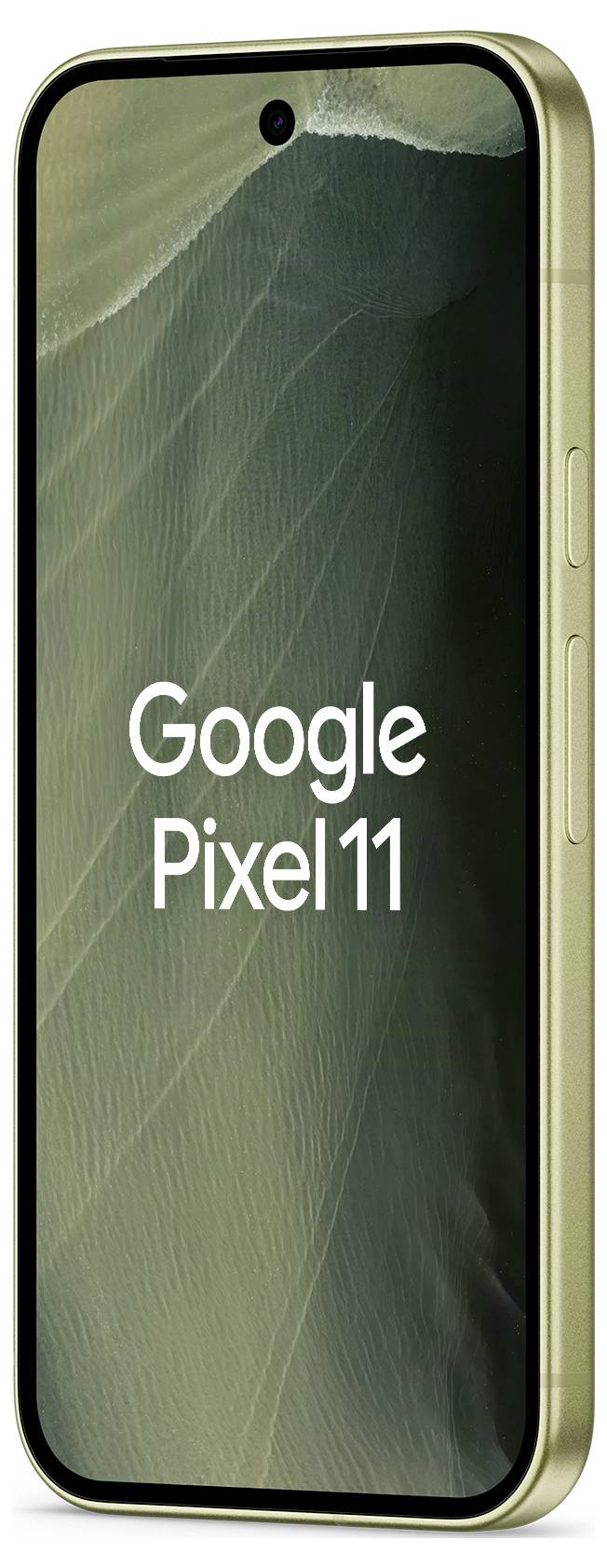 Vorderansicht eines goldenen Google Pixel 11 Smartphones mit dem Bildschirm, der „Google Pixel 11