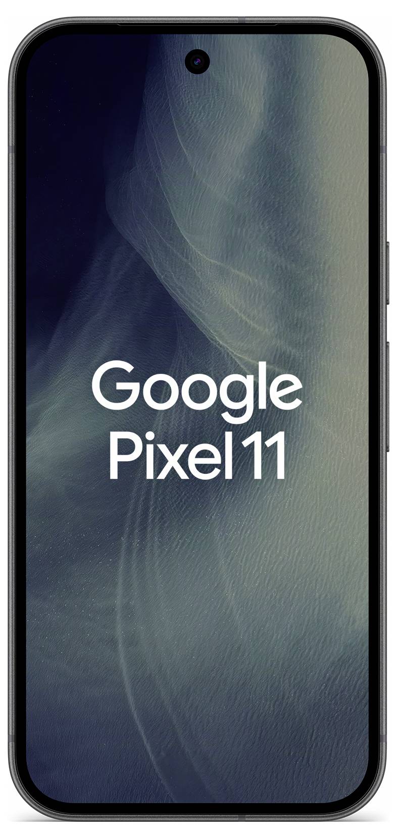Vorderansicht eines Google Pixel 11-Smartphones mit eingeschaltetem Bildschirm, das den Text „Google Pixel 11