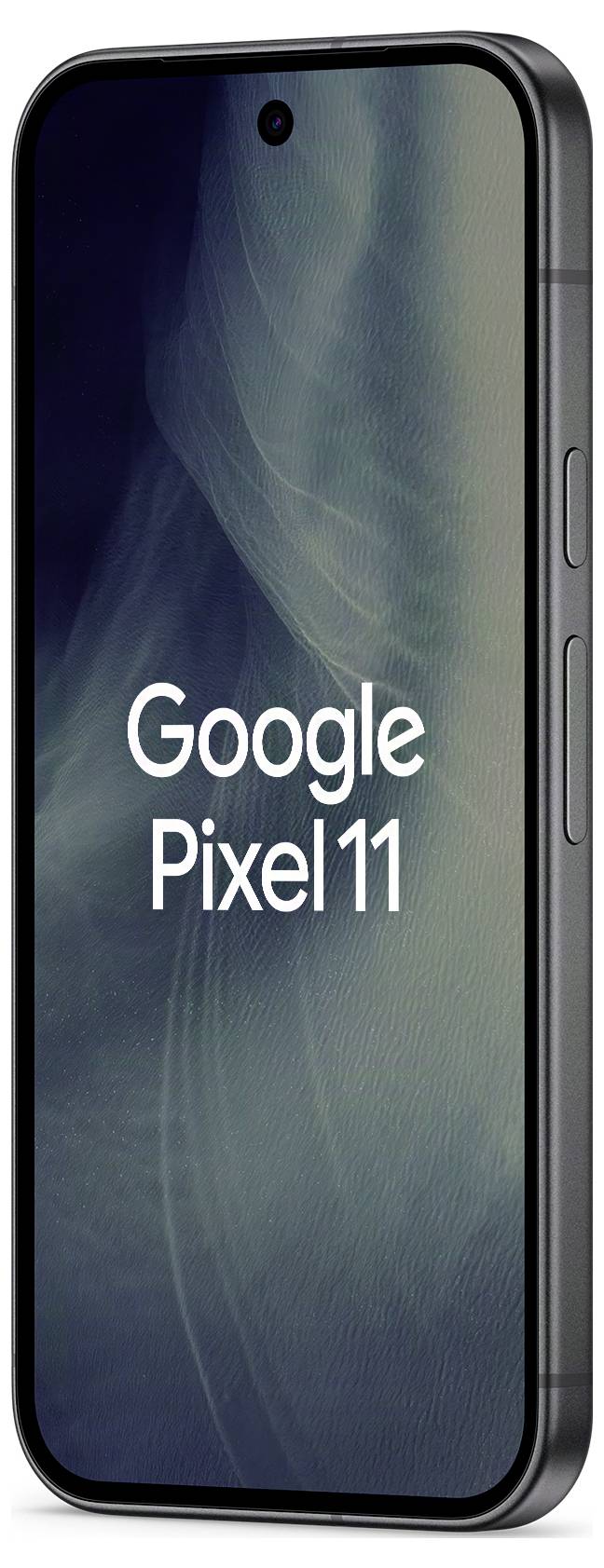 Google Pixel 11 Smartphone in Vorder- und Seitenansicht mit Bildschirm, auf dem der Produktname angezeigt wird.