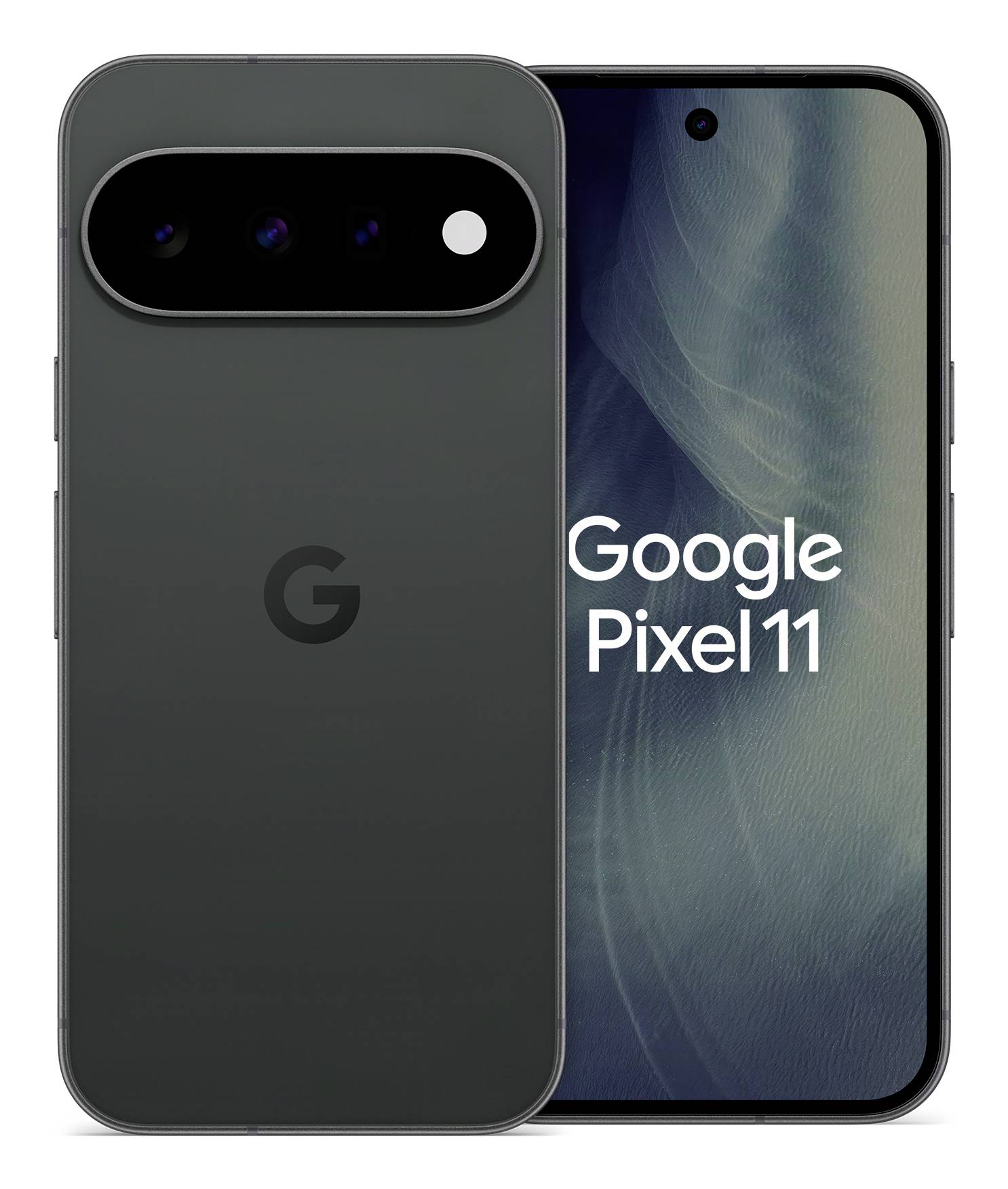 Google Pixel 11 Smartphones von vorne und hinten gezeigt, wobei der vordere Bildschirm 