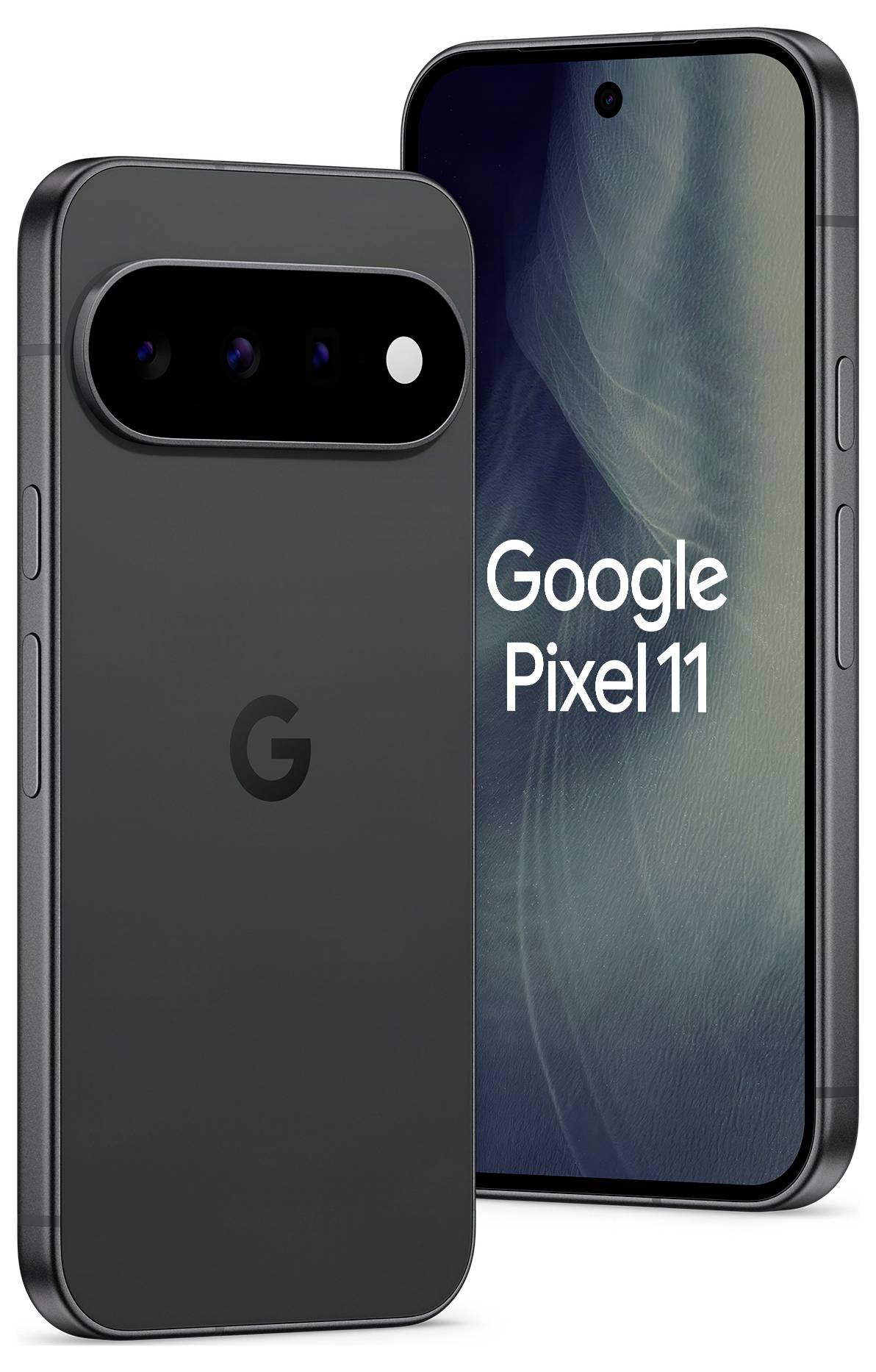 Google Pixel 11 Smartphone von vorne und hinten gezeigt, mit dreifacher Kameraleiste auf der Rückseite und Text „Google Pixel 11