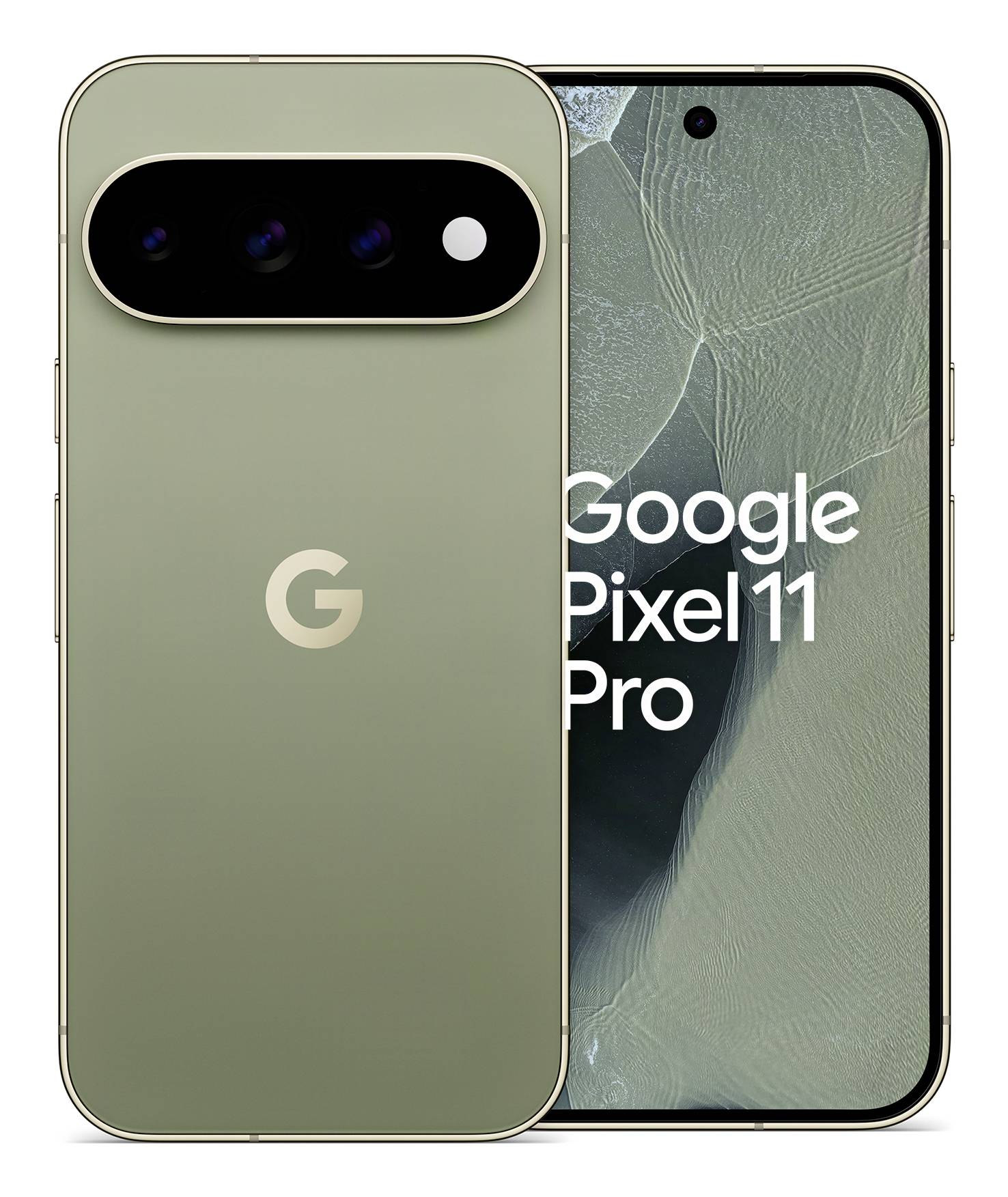 Google Pixel 11 Pro Smartphone von vorne und hinten in Salbeigrün dargestellt, mit dreifacher hinterer Kameraleiste und 
