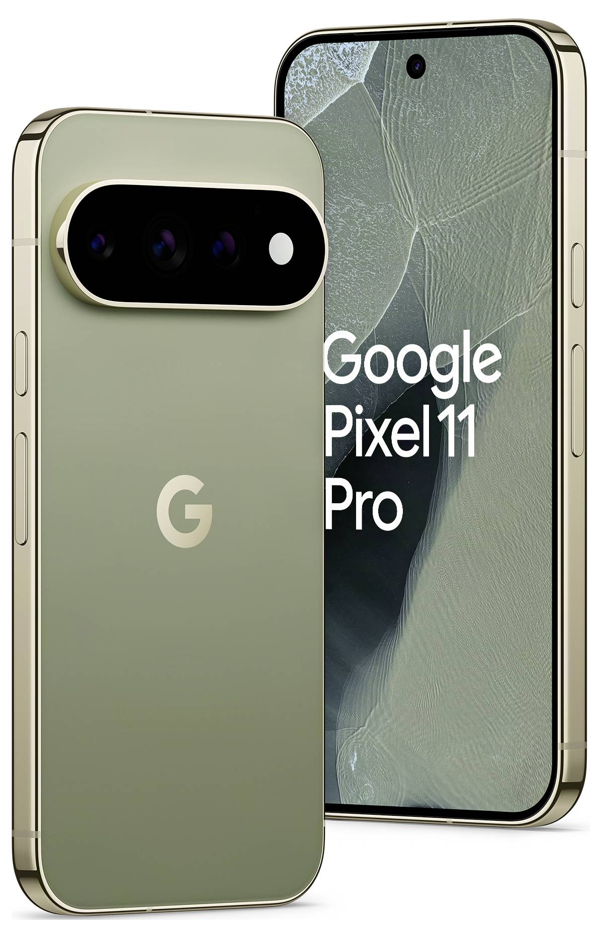 Google Pixel 11 Pro Smartphone von vorne und hinten in Olivgrün dargestellt, mit „Google Pixel 11 Pro