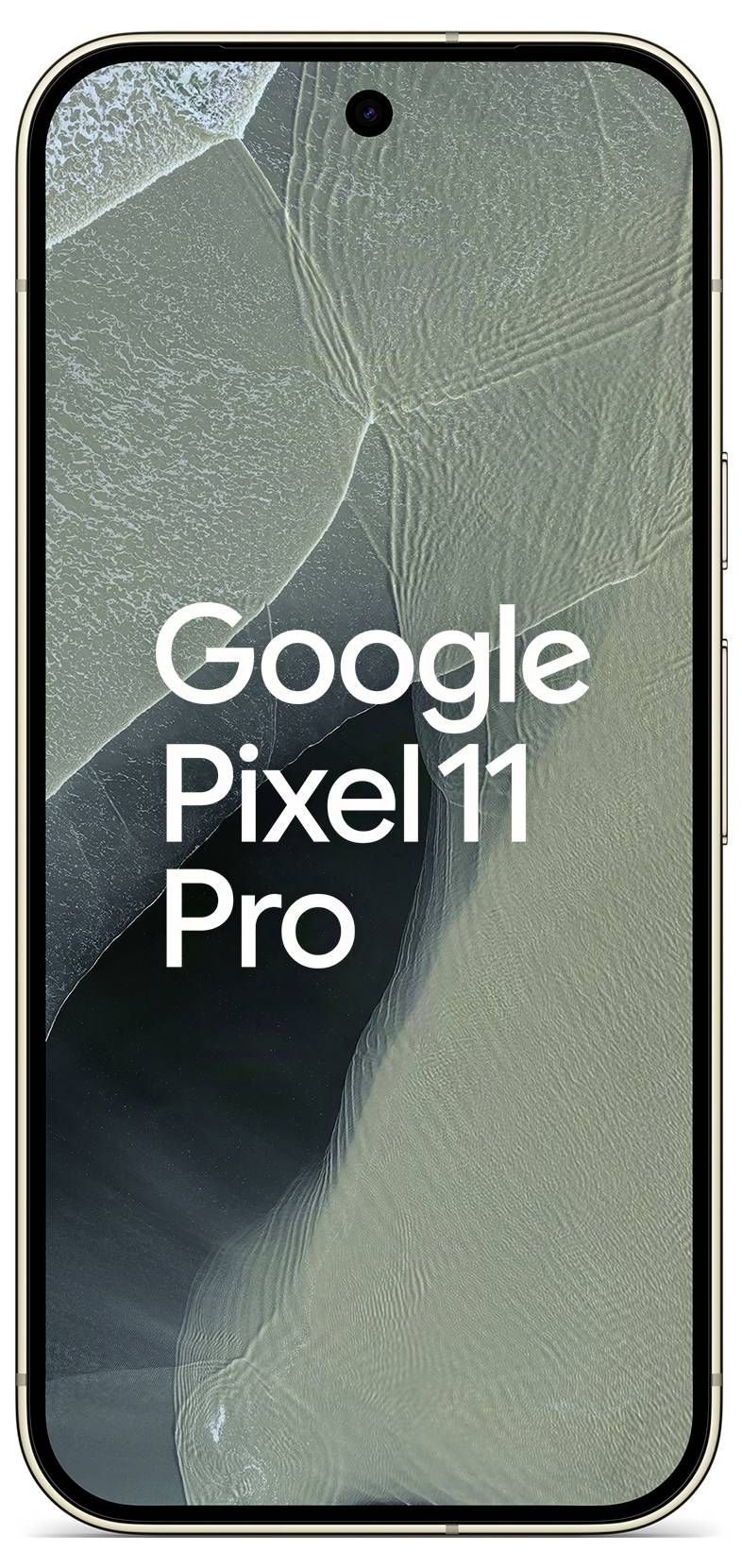 Google Pixel 11 Pro Smartphone von vorne gezeigt mit zentraler Lochkamera und dem Text „Google Pixel 11 Pro