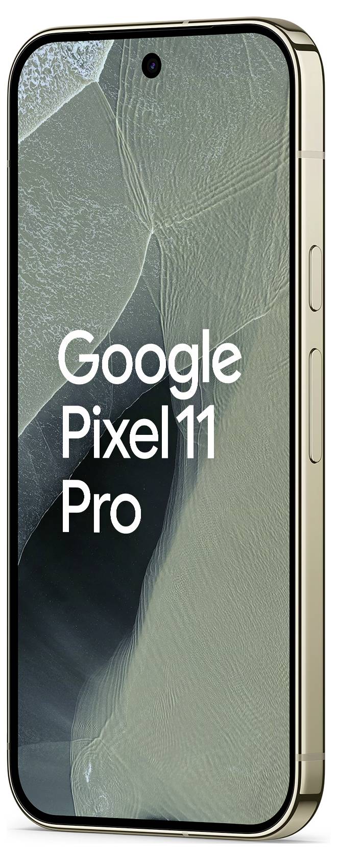 Google Pixel 11 Pro Smartphone von vorne und von der Seite dargestellt, mit einem beschädigten oberen linken Eckbereich auf dem Display und dem Text „Google Pixel 11 Pro