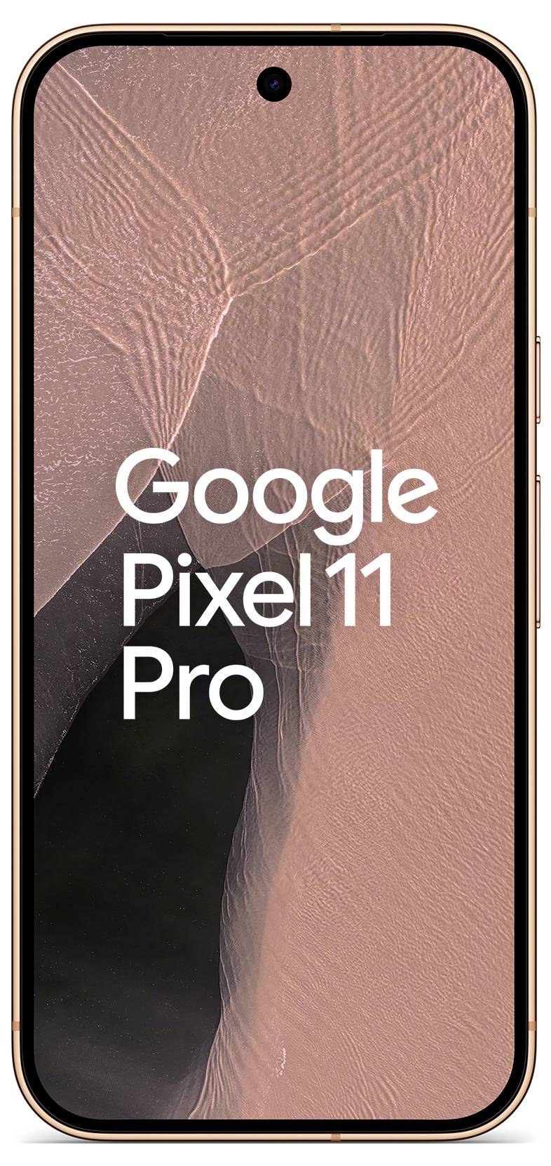 Google Pixel 11 Pro Smartphone frontal dargestellt mit rosegoldenem Rahmen und abstraktem Hintergrundbild auf dem Bildschirm.