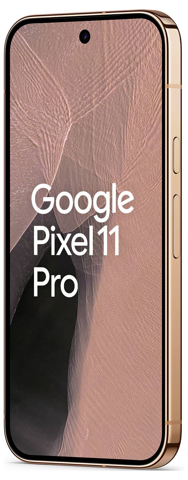 Google Pixel 11 Pro Smartphone in Vorderansicht mit rosegoldenem Rahmen und abstraktem rosa Hintergrundbild, das den Text 