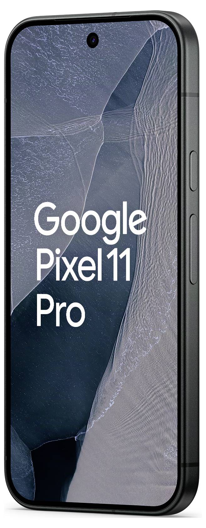 Google Pixel 11 Pro Smartphone in Vorderansicht mit Bildschirm, der den Produktnamen auf einem dunklen abstrakten Hintergrundbild anzeigt.