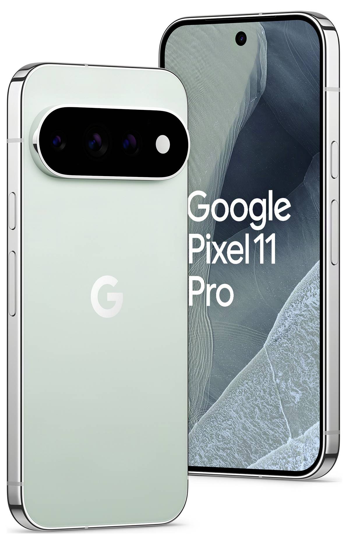 Zwei Google Pixel 11 Pro Smartphones von vorne und hinten in Mintgrün dargestellt, wobei der Bildschirm „Google Pixel 11 Pro