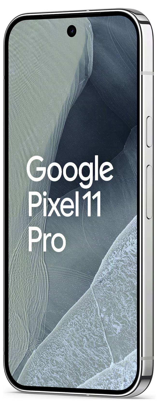 Google Pixel 11 Pro Smartphone von vorne und von der Seite gezeigt mit eingeschaltetem Display, beschriftet mit „Google Pixel 11 Pro