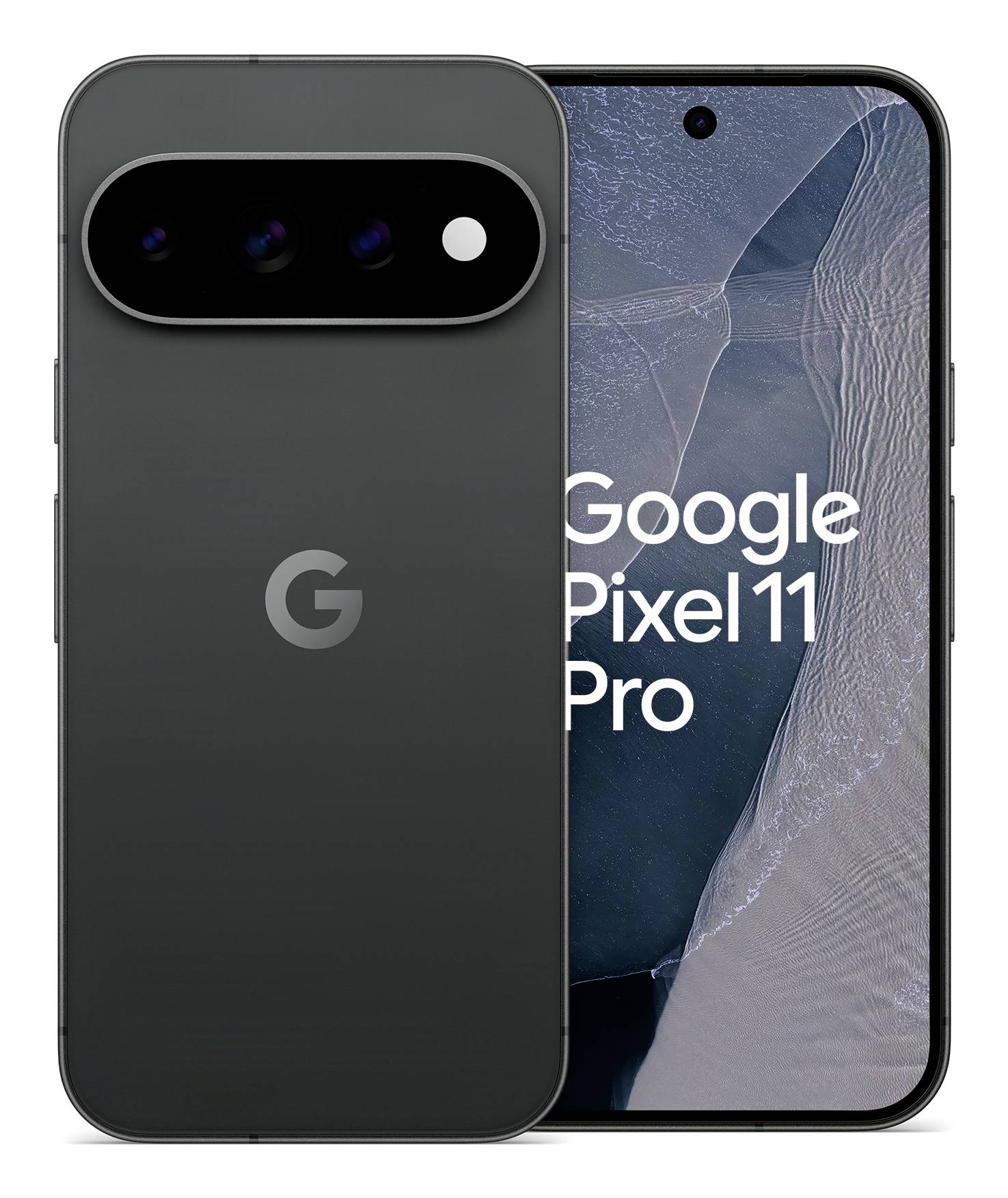 Google Pixel 11 Pro Smartphone, von vorne und hinten dargestellt, mit Hervorhebung der zentrierten Frontkamera und der horizontalen Kameraleiste auf der Rückseite.