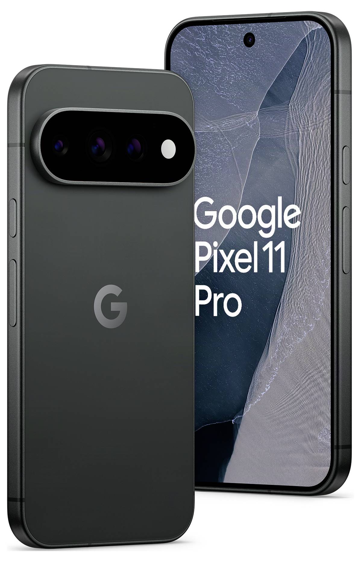 Google Pixel 11 Pro Smartphone von vorne und hinten gezeigt, wobei das Display und die dreifache hintere Kamerazeile hervorgehoben werden.