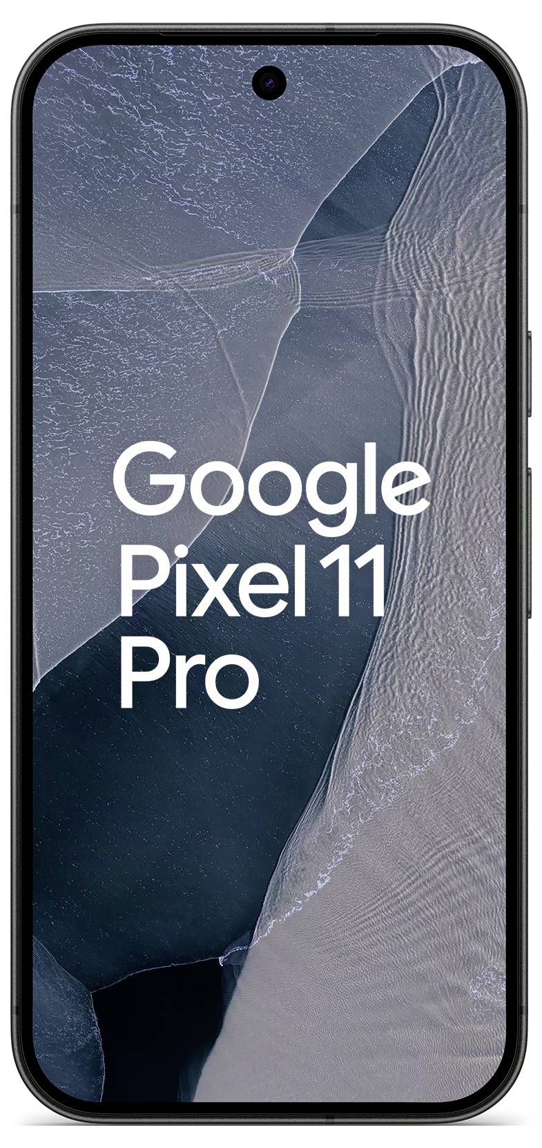 Google Pixel 11 Pro Smartphone von vorne auf schwarzem Bildschirm mit zentrierter Punch-Hole-Kamera und abstraktem Hintergrundbild.