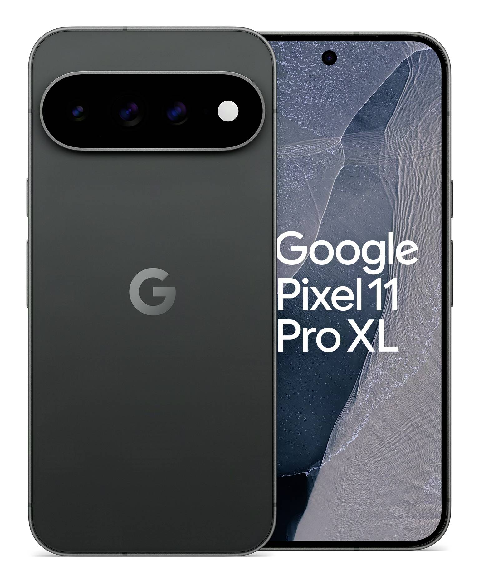 Google Pixel 11 Pro XL Smartphone von vorne und hinten gezeigt, mit dreifacher hinterer Kameraanordnung und dem Modellnamen auf dem Bildschirm.