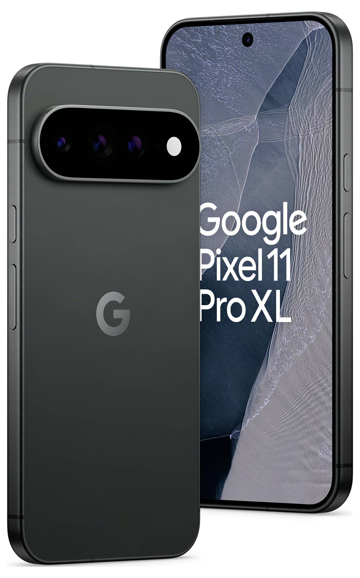 Google Pixel 11 Pro XL Smartphone von vorne und hinten gezeigt, mit einer rückseitigen Triple-Kamera-Leiste und einem vorderen Display mit dem Modellnamen.