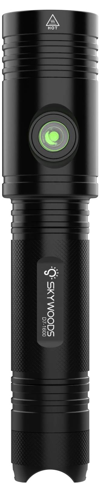 Black Skywoods Taschenlampe mit grün leuchtendem rundem Knopf, aufrecht auf weißem Hintergrund dargestellt.