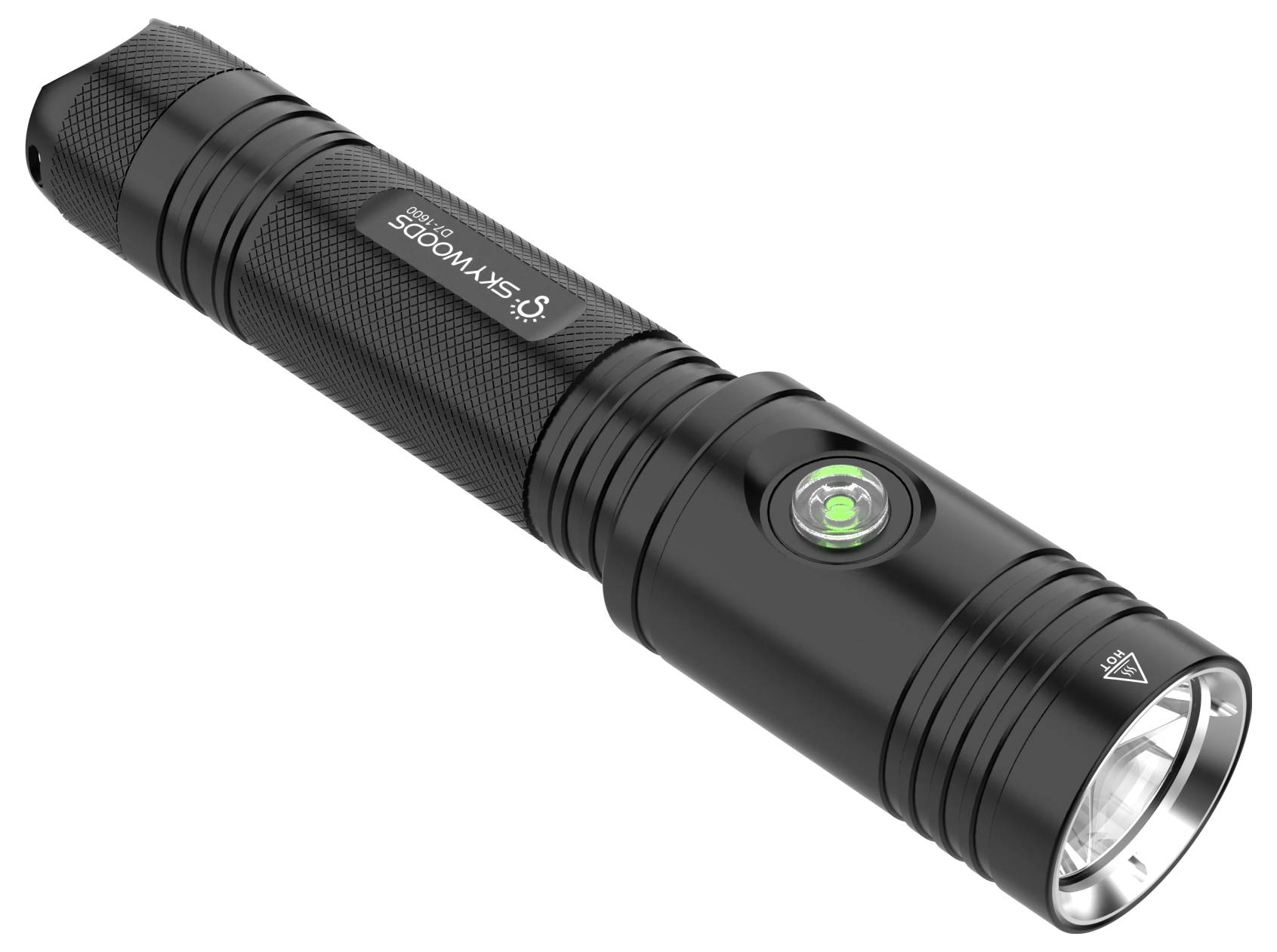 Schwarze tragbare Taschenlampe mit strukturiertem Griff und seitlicher Ein-/Ausschalttaste, schräg auf weißem Hintergrund dargestellt.