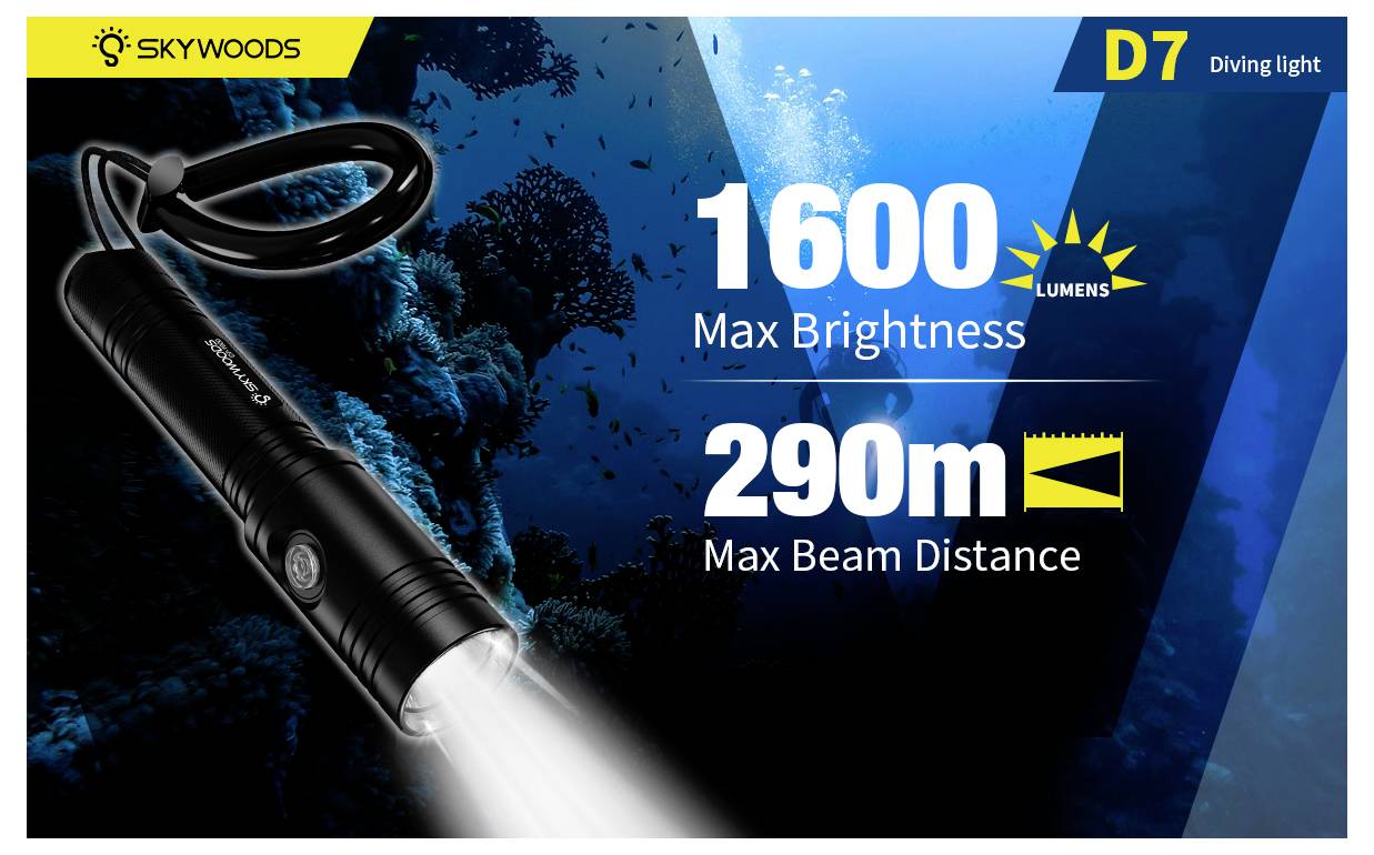 Werbebild der Skywoods D7 Tauchleuchte, das einen schwarzen Lichtstrahl unter Wasser zeigt, mit Text, der eine maximale Helligkeit von 1600 Lumen und eine maximale Strahlreichweite von 290 m angibt.