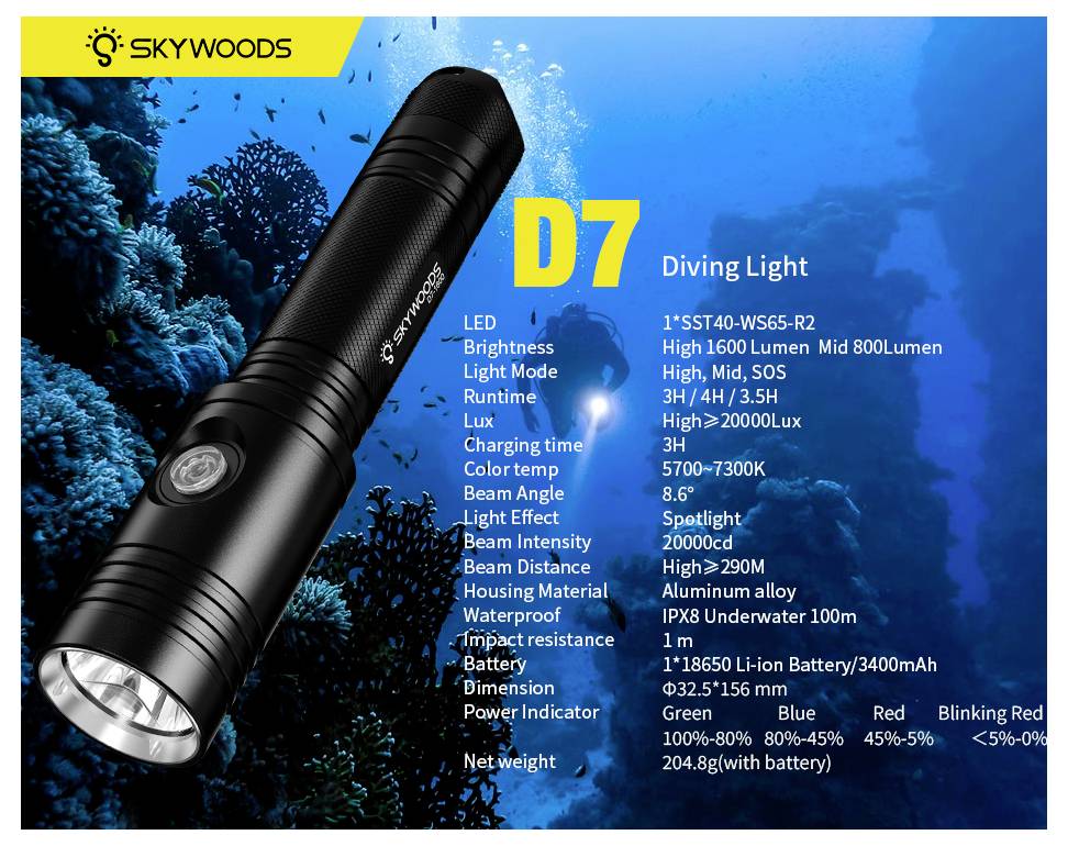 SKYWOODS D7 Tauchleuchte Produktanzeige mit einer schwarzen Taschenlampe unter Wasser und aufgelisteten Funktionen, einschließlich 1000m Lichtstrahle, 100m Wasserdichtigkeit und Batteriedetails.