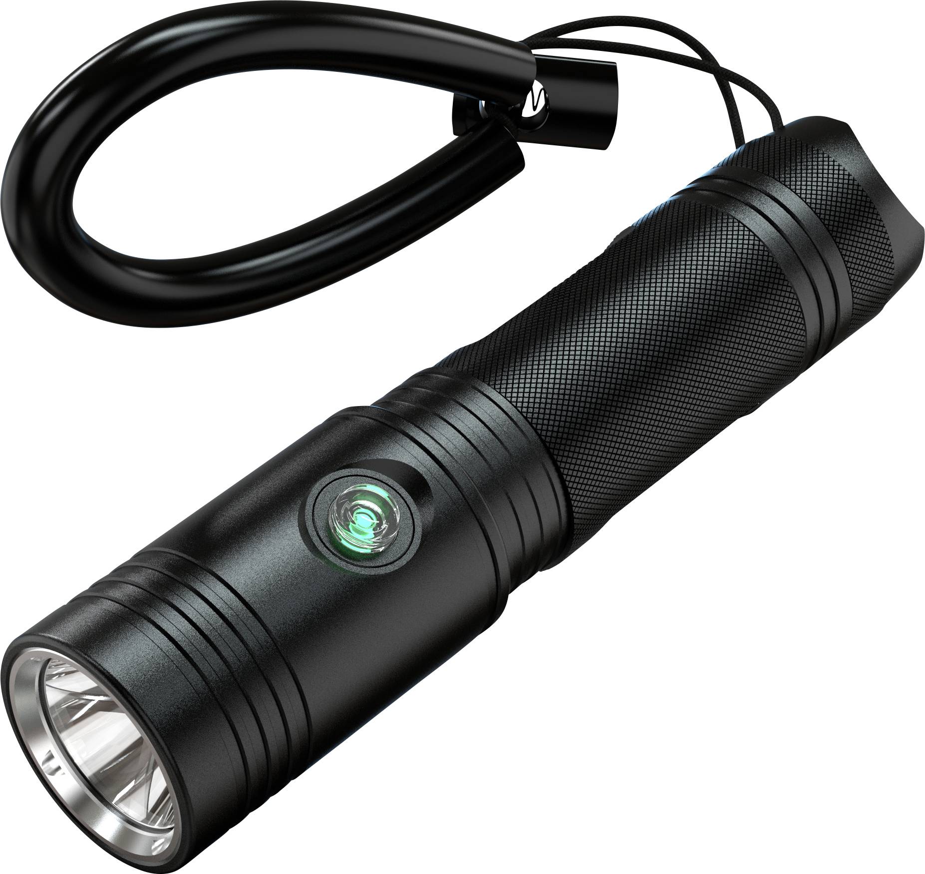 Schwarze tragbare Taschenlampe mit Handgelenkschlaufe und seitlicher Ein-/Ausschalttaste, gezeigt auf weißem Hintergrund.