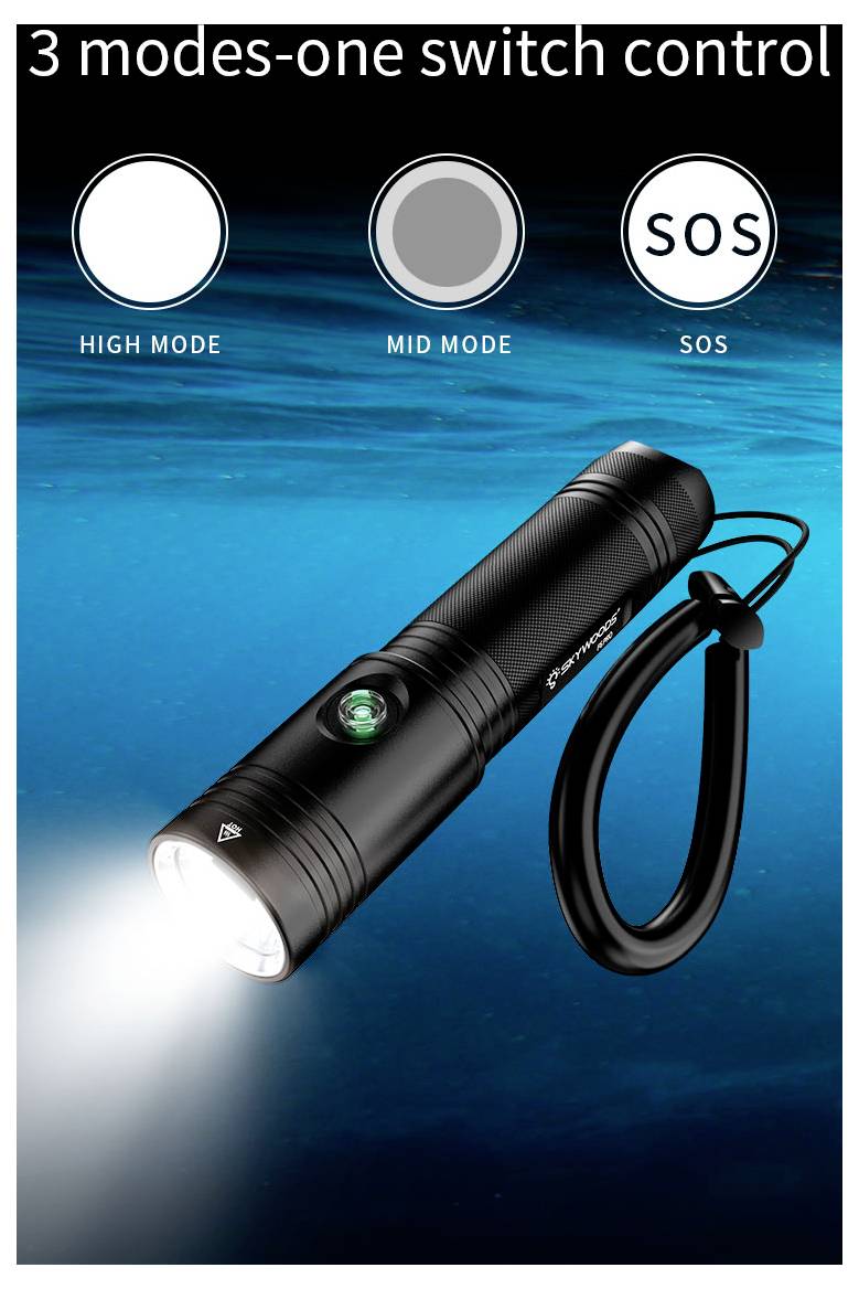 Werbebild einer schwarzen Taschenlampe mit Handgelenkschlaufe, zeigt 3 Modi: 'HIGH MODE', 'MID MODE' und 'SOS'; Strahl leuchtet auf blauem, wasserähnlichem Hintergrund.