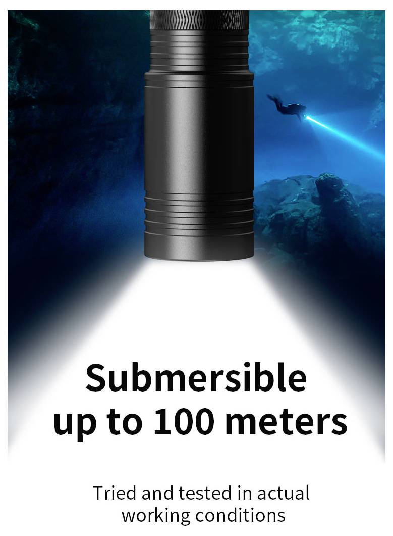 Taschenlampe über einer Unterwasserszenerie mit einem Taucher; Text sagt „U-Boot bis zu 100 Metern