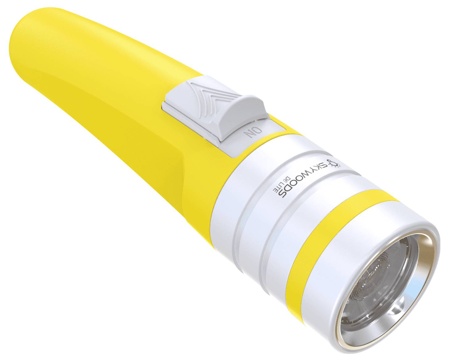 Gelbe tragbare Taschenlampe mit weißem Ein-/Ausschalter und silberner Linse, auf weißem Hintergrund dargestellt.