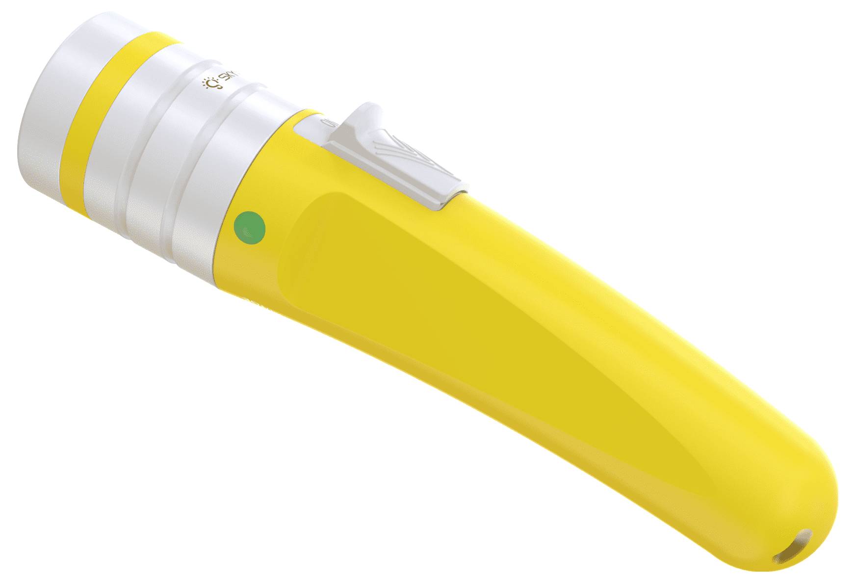Gelbe Taschenlampe mit silbernem Kopf und grünem Knopf, auf weißem Hintergrund dargestellt.