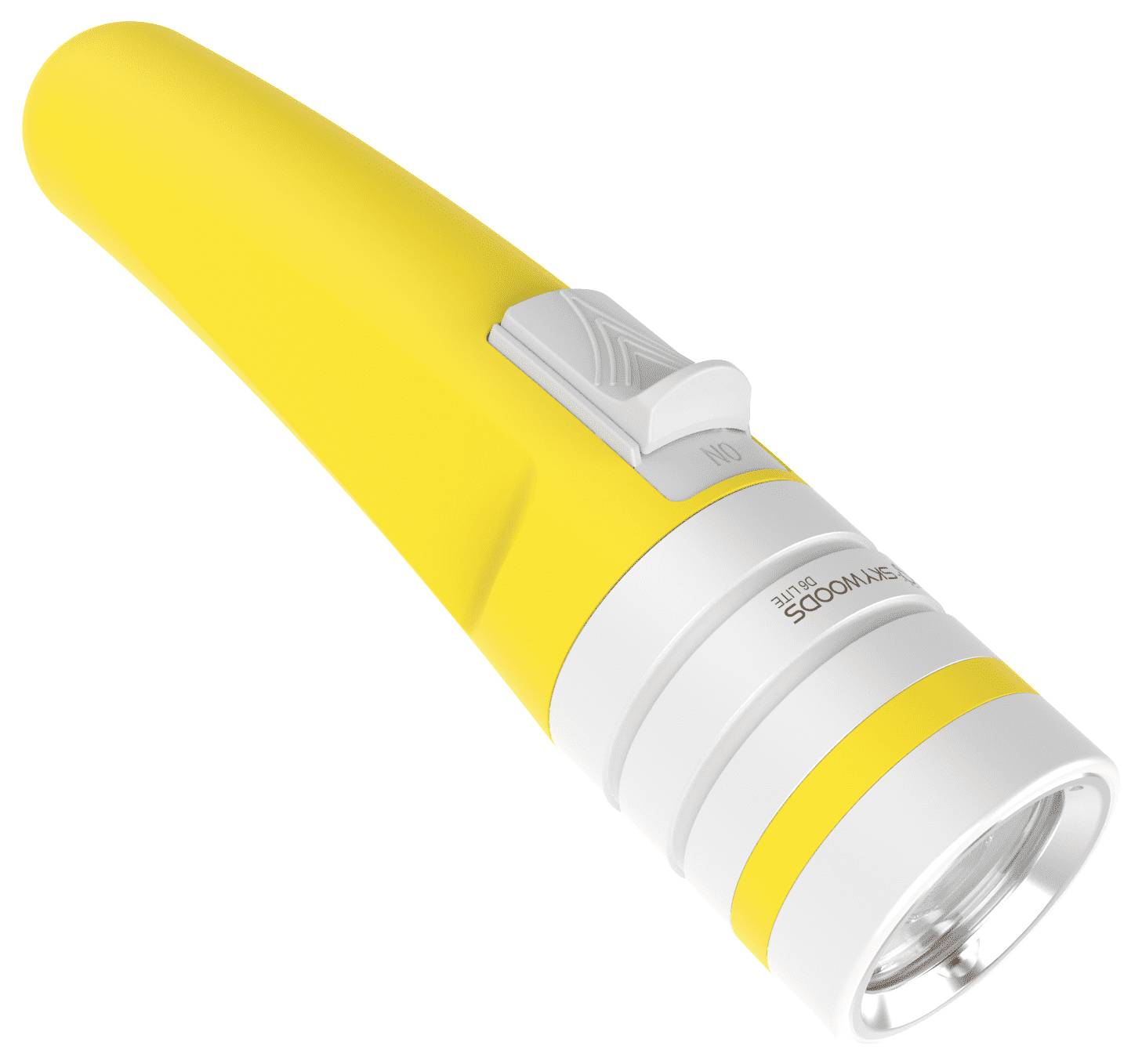 Gelbe tragbare Taschenlampe mit weißen Akzenten und einem Seitenschalter, auf weißem Hintergrund dargestellt.