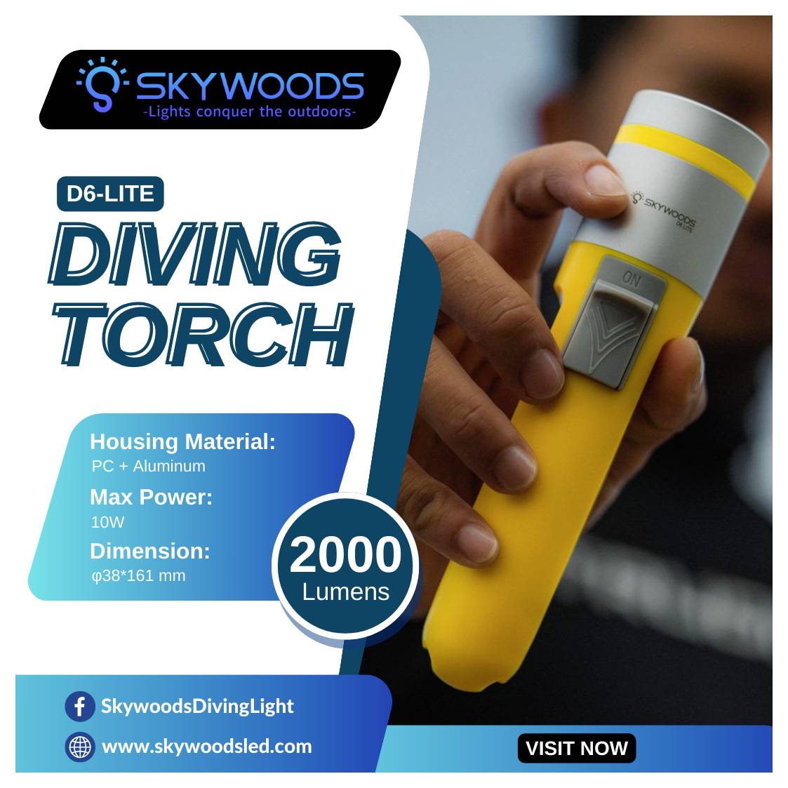 Werbebild für die Skywoods D6-Lite Tauchlampe, das eine Hand zeigt, die eine gelb-graue Taschenlampe hält; der Text hebt 2000 Lumen, 10 W Leistung und wasserdichte Tauchverwendung hervor.