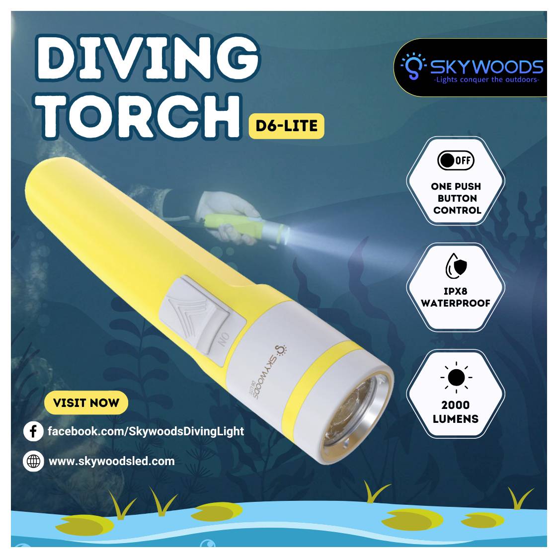Werbegrafik für die Skywoods D6-LITE Tauchlampe, die eine gelbe Taschenlampe unter Wasser zeigt mit Beschriftungen: Eintasten-Bedienung, IPX8 wasserdicht, 2000 Lumen.