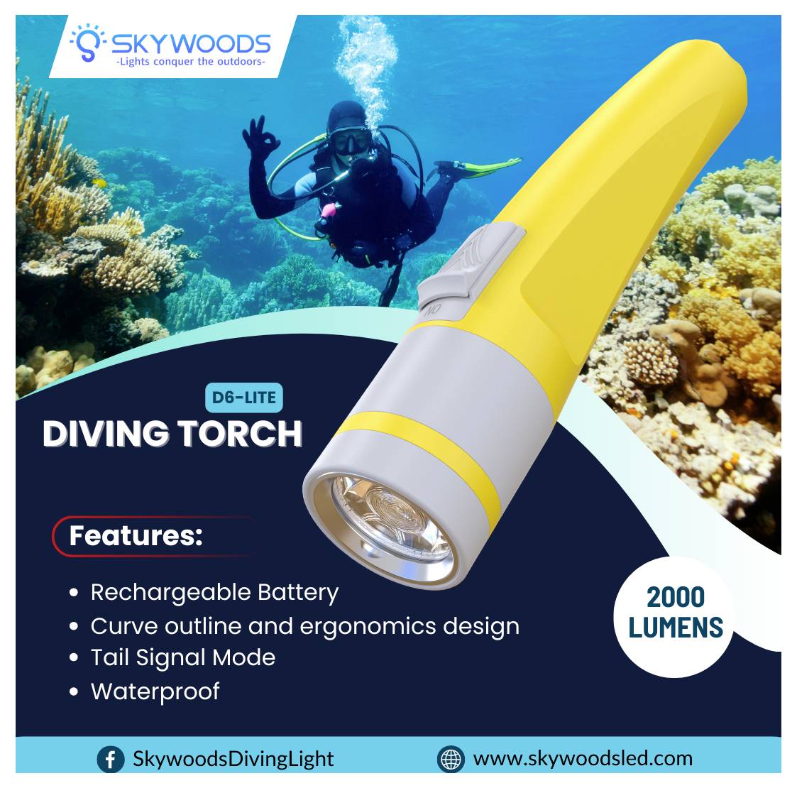 Produktwerbung für Skywoods D6-Lite Tauchlampe, gezeigt über einer Unterwasser-Tauchszene; hebt 2000 Lumen, wiederaufladbare Batterie, ergonomisches wasserdichtes Design und Tail-Signal-Modus hervor.