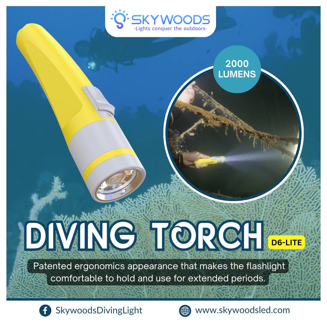 Skywoods Tauchlampe mit einer gelben Taschenlampe mit „2000 Lumen