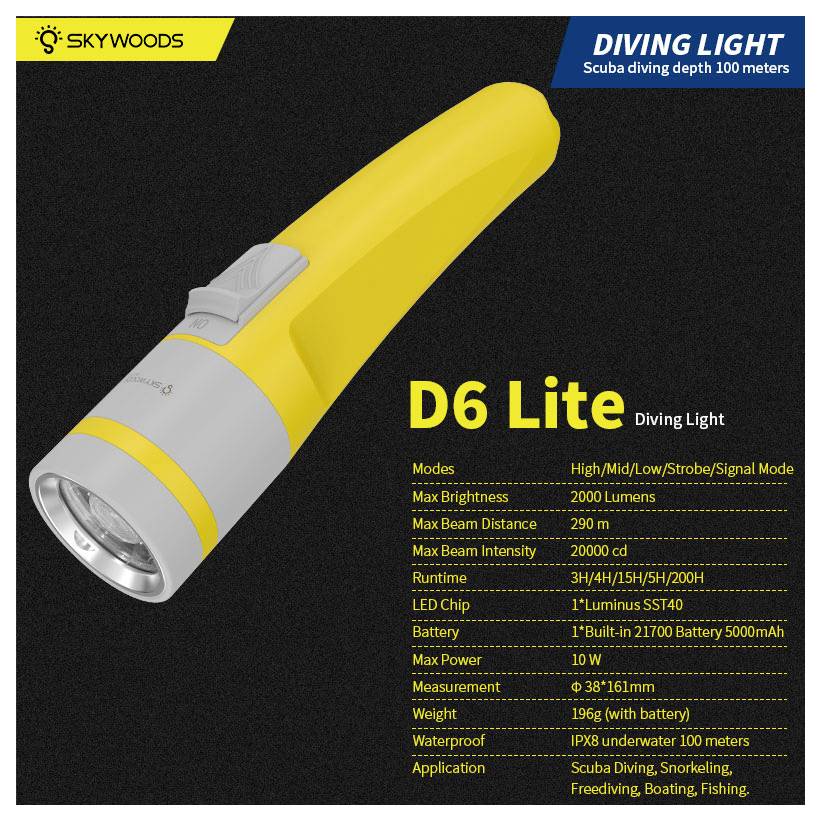 Gelb-graue Skywoods D6 Lite Tauchlampen-Anzeige, zeigt die Taschenlampe und Spezifikationen: 2000 Lumen, 290 m Strahlreichweite, IPX8, 100 m wasserdicht.