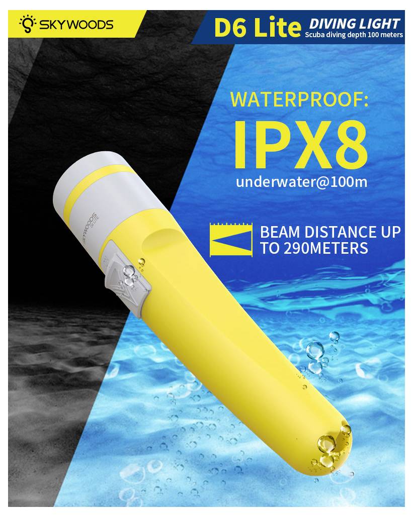 Anzeige für Skywoods D6 Lite Tauchlampe, die eine gelbe Taschenlampe unter Wasser zeigt mit Text: 'Wasserdicht IPX8 Unterwasser@100m' und 'Strahlreichweite bis zu 290 Metern'.