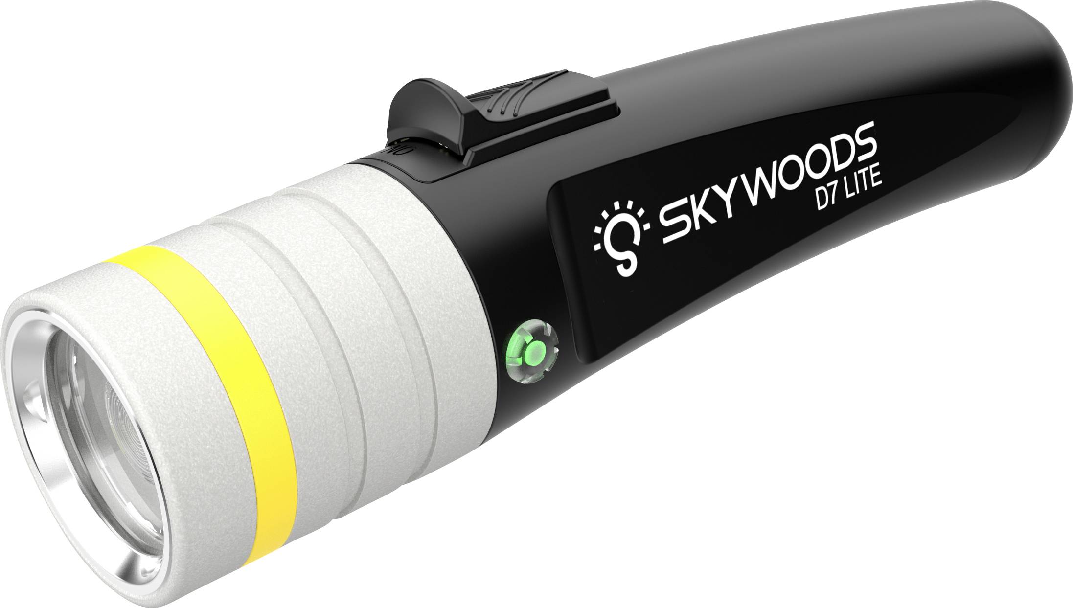 Schwarze und silberne SKYWOODS D7 LITE Taschenlampe mit vorderer Linse und grünem Netzschalter auf weißem Hintergrund.