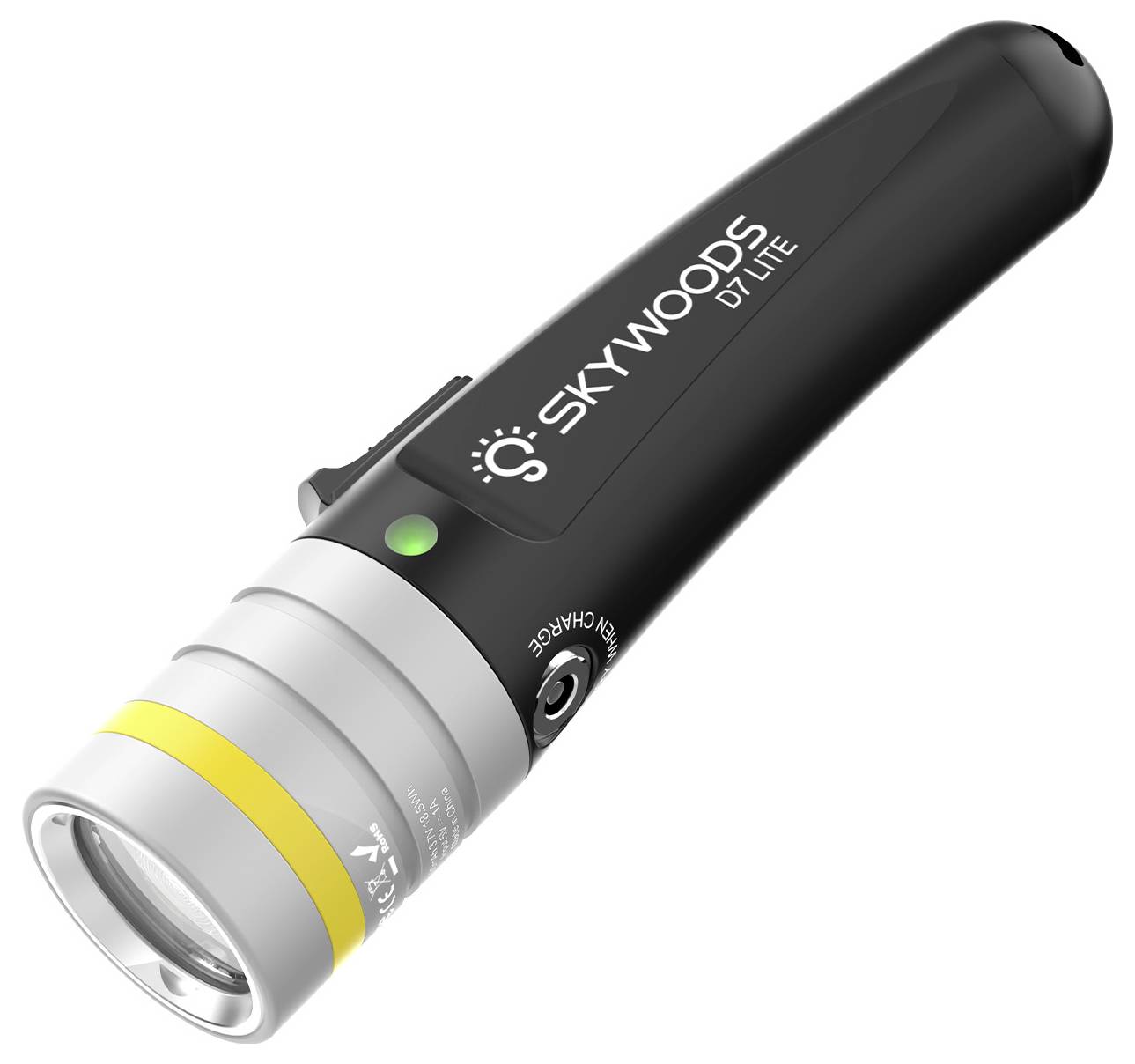 Black Skywoods DP Lite Taschenlampe mit silbernem Kopf, grünem Indikatorlicht und gelbem Akzentring auf weißem Hintergrund.