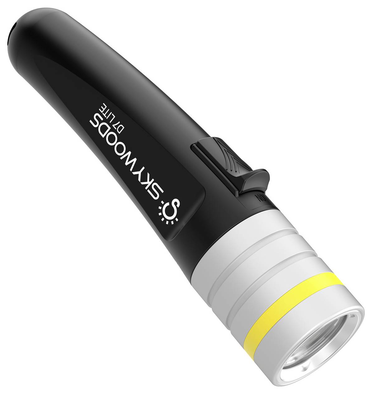Schwarze Skywoods DTLITE Taschenlampe mit Seitenschalter und silber/gelbem vorderen Bezel, auf weißem Hintergrund dargestellt.