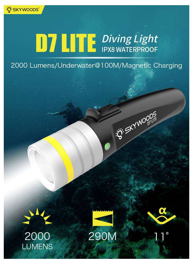 Skywoods D7 Lite Tauchleuchte – wasserdichte Unterwasserlampe mit folgenden Texten: '2000 Lumens/Unterwasser@100M/Magnetisches Laden', '2000 LUMENS', '290M' und '11°'.