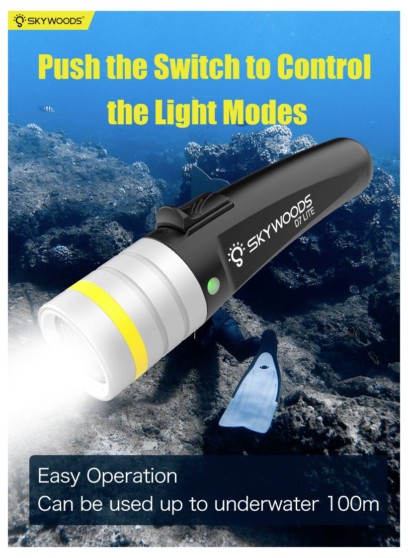Skywoods Unterwasser-Taschenlampe mit umschaltbaren Leuchtmodi; der Text besagt „Drücken Sie den Schalter, um die Leuchtmodi zu steuern