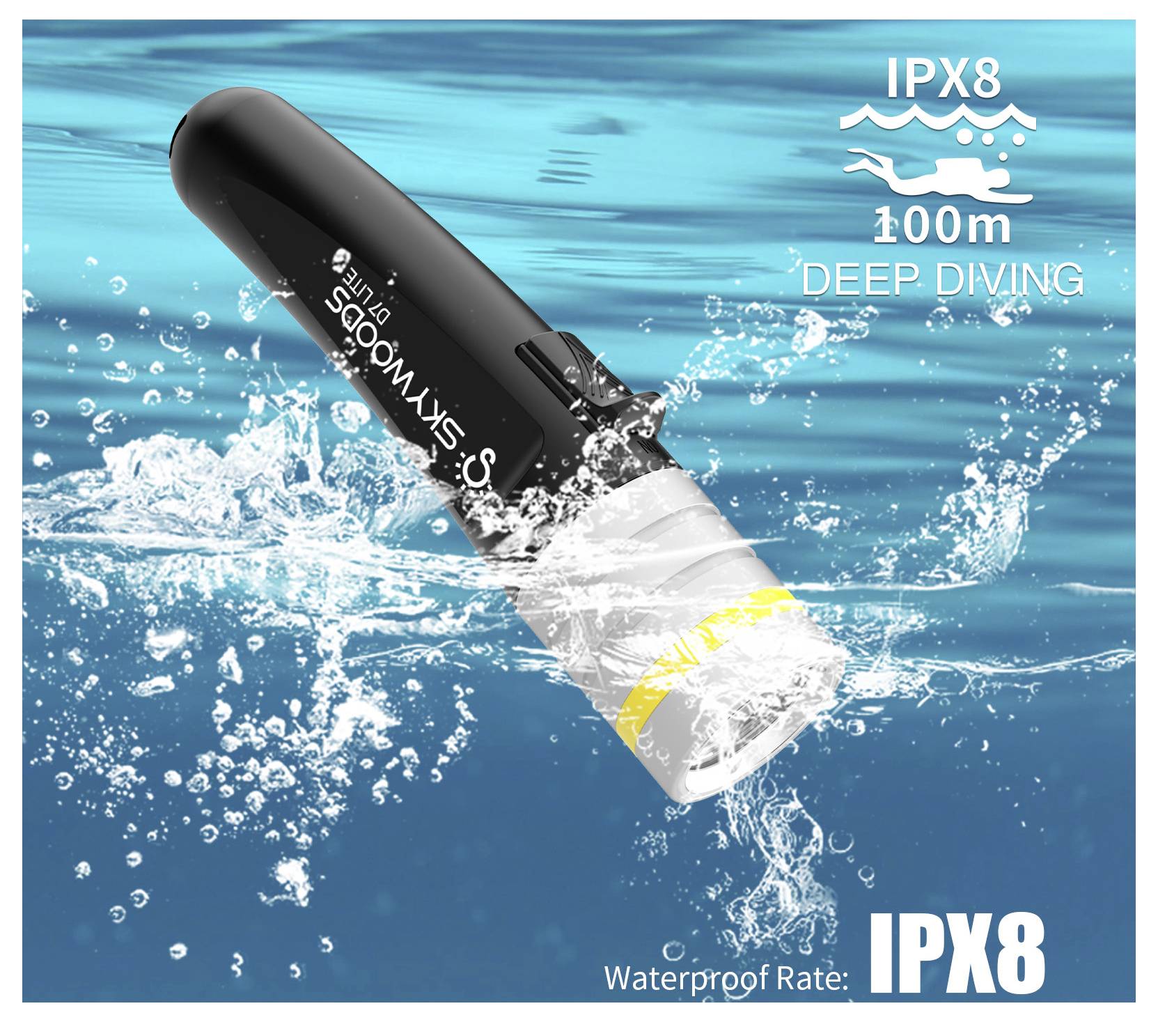 Schwarze Unterwasserlampe in Grafik im Wasser mit Text „IPX8