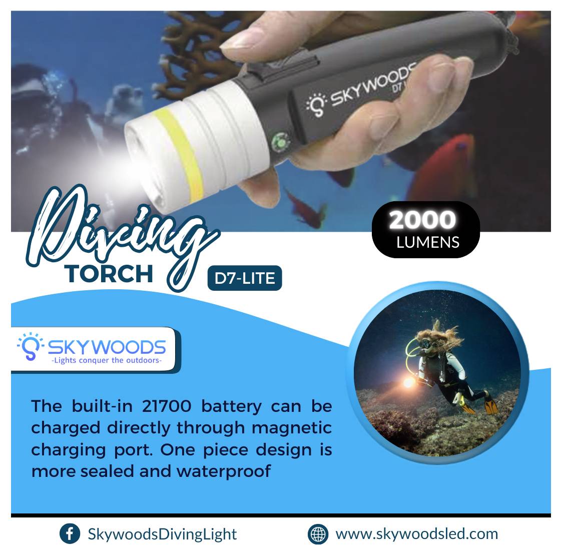 Skywoods Tauchlampe D7-LiteEin Taucher hält die Taschenlampe in der Hand.2000 LUMENDiese hochleistungsstarke Tauchlampe verfügt über einen integrierten 21700-Akku mit magnetischem Ladesystem und ein wasserdichtes Einteildesign.