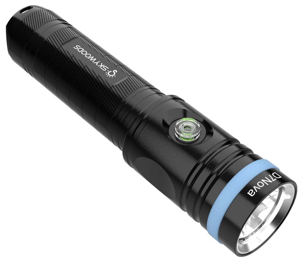 Schwarze SJKW1000S LED-Taschenlampe mit blauem Akzentring und Seitenschalter, gezeigt auf weißem Hintergrund.