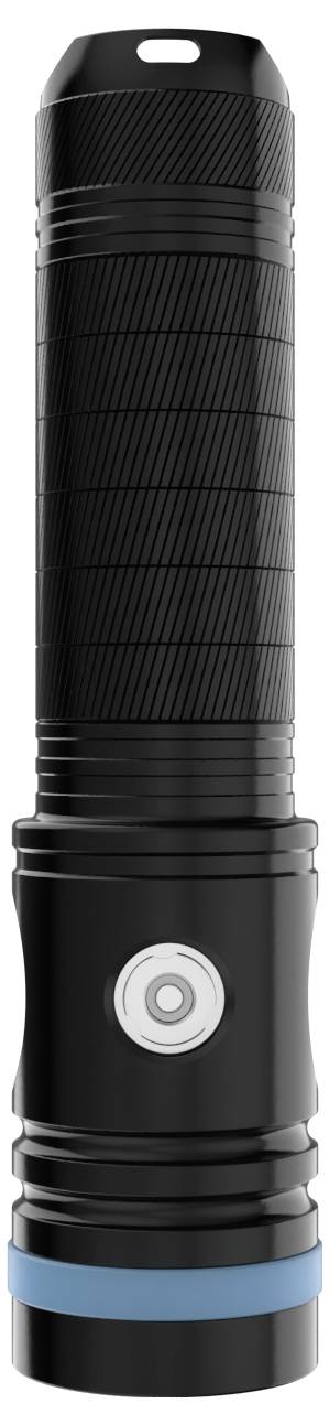 Schwarze zylindrische Taschenlampe mit strukturiertem Griff, silberfarbenem Netzschalter und blauem Akzentring auf weißem Hintergrund.