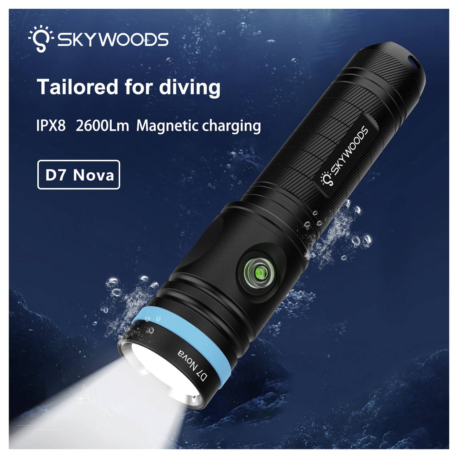 Werbebild einer Skywoods D7 Nova Tauchlampe, die unter Wasser leuchtet, mit der Beschriftung „Speziell für Tauchen entwickelt