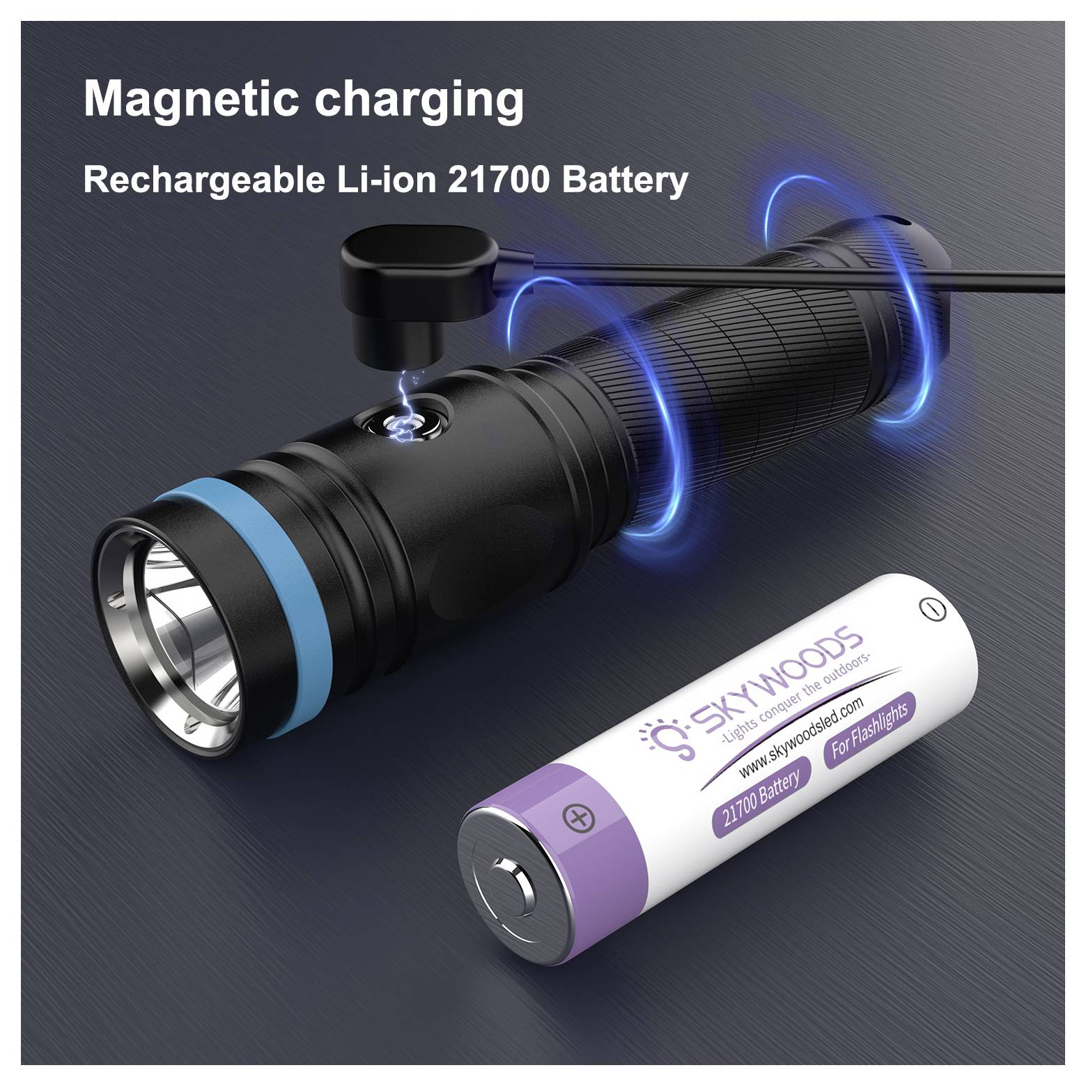 Magnetische Auflade-Taschenlampe mit enthaltenem wiederaufladbarem Li-Ionen-21700-Akku, gezeigt mit blauen Laderingen und Ladekabel.