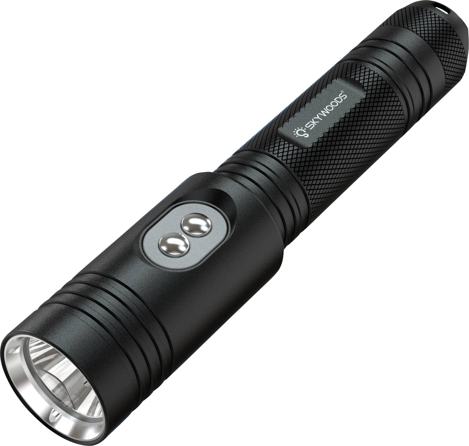 Schwarze Skywoods-Taschenlampe mit zwei Seitentasten und vorderer Linse auf weißem Hintergrund.