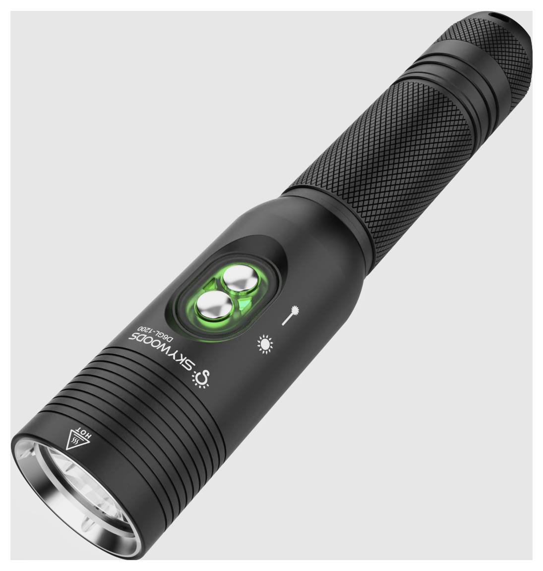 Schwarze Taschenlampe mit zwei grün beleuchteten Seitentasten und gerilltem Griff, gezeigt auf hellgrauem Hintergrund.