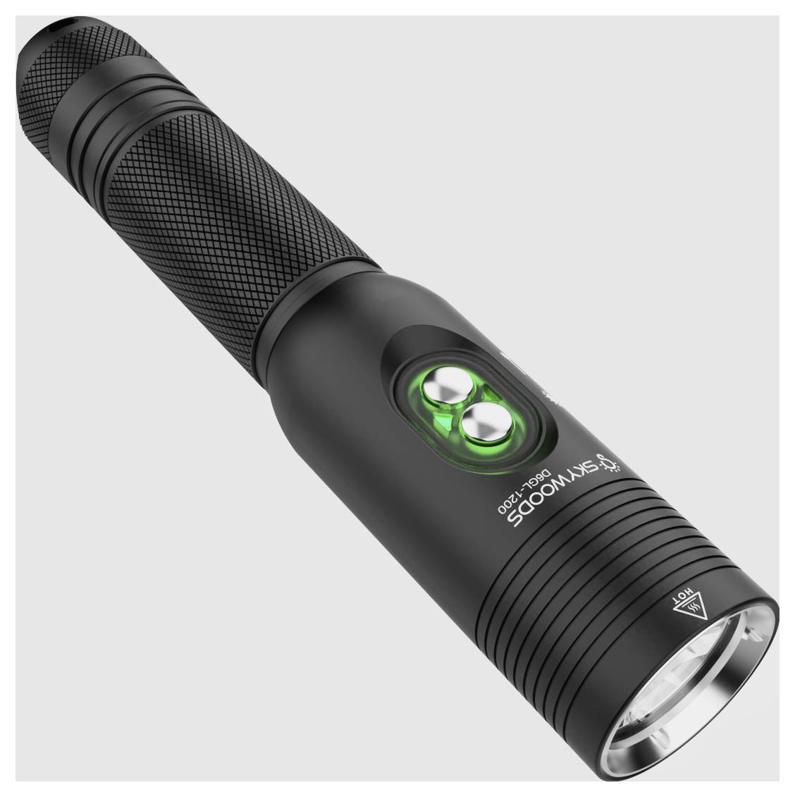 Schwarze aufladbare Taschenlampe mit strukturiertem Griff und zwei grün beleuchteten Seitentasten, diagonal auf hellgrauem Hintergrund dargestellt.